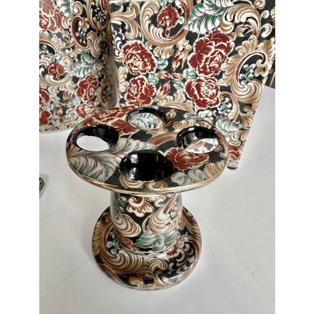 Chinese Bathroom Accessory Set Floral Porcelain Vintage For Sale - Image 10 of 17