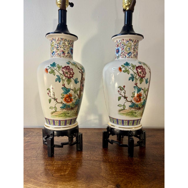 Pair of Vintage Italian Chinoiserie Porcelain Table Lamps With Pheasants For Sale - Image 9 of 9