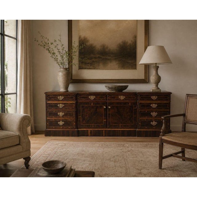 Georgian, Circassian Walnut, Burlwood, Brass, Sideboard, USA, 1980s Monumental custom cabinet maker walnut and burl...