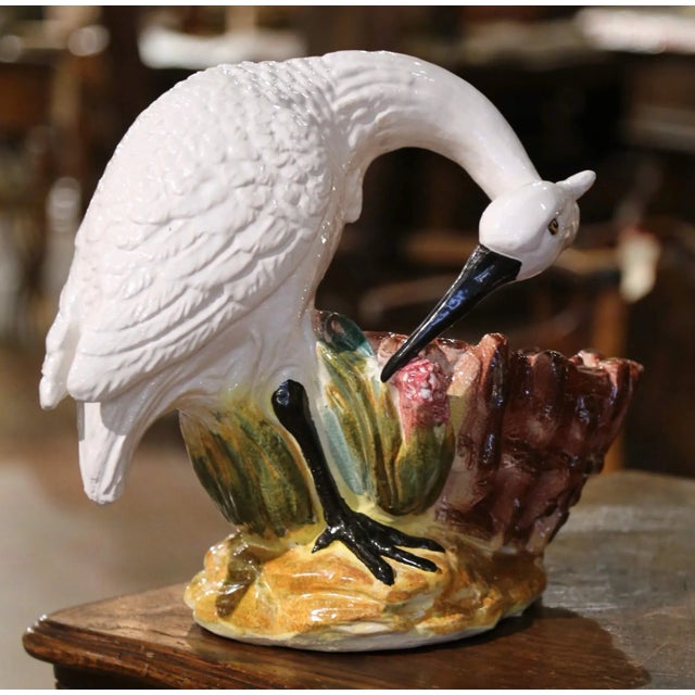 Ceramic Mid-Century Italian Majolica Swan Cachepot Planter With Barbotine Decor For Sale - Image 7 of 10