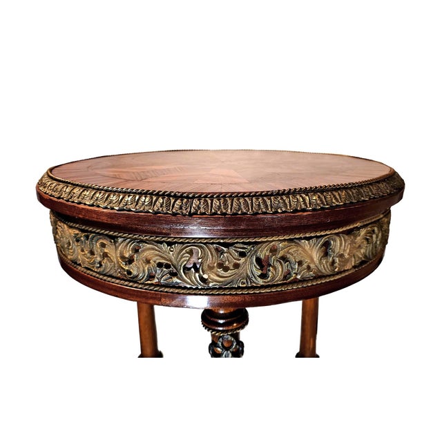 Art Nouveau Neoclassical Style Mahogany Parquetry Gueridon With Ormolu For Sale - Image 3 of 9