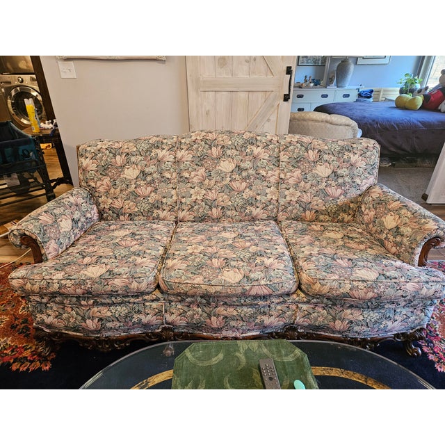1930s Antique Florencia Sofa, Dark Cherry Wood Sculpted Legs & Apron Front For Sale - Image 5 of 5