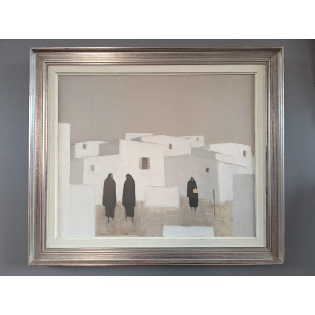 QUIET COMMUNE Size: 19.3 x 22 inches (including frame) Oil on canvas A minimalist and serene mid-century modernist style...