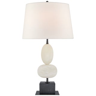 Thomas O'Brien by Visual Comfort Signature Dani Medium Cordless Table Lamp in Alabaster and Black Marble with Linen Shade For Sale