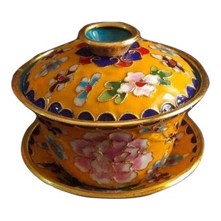 Vintage Chinese Yellow Cloisonné Enamel Floral "Three-Piece" Tea Bowl Set For Sale