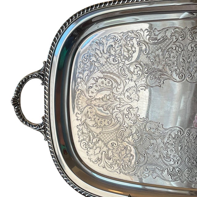 Mid Century Wallace Silverplate Engraved Serving Tray With Handles, 23.5” For Sale - Image 6 of 16