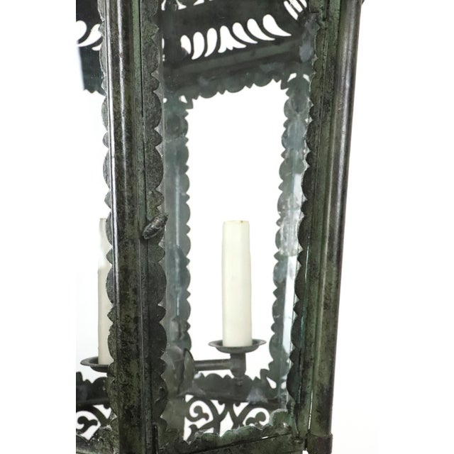 Verdigris Restored Antique French Wrought Iron Exterior Lantern Pendant Light For Sale - Image 8 of 16