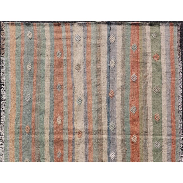 Textile Mid 20th Century Colorful Vintage Turkish Flat-Weave Kilim Rug With Geometric Striped Design For Sale - Image 7 of 10
