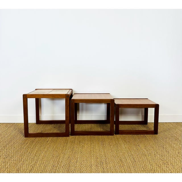 1960s Vintage Teak and Ceramic Nesting Tables, 1960s, Set of 3 For Sale - Image 5 of 15