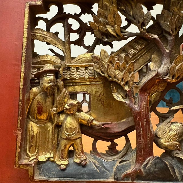 Antique Chinese Gilt Temple Panel With Red Lacquer Frame For Sale - Image 12 of 16