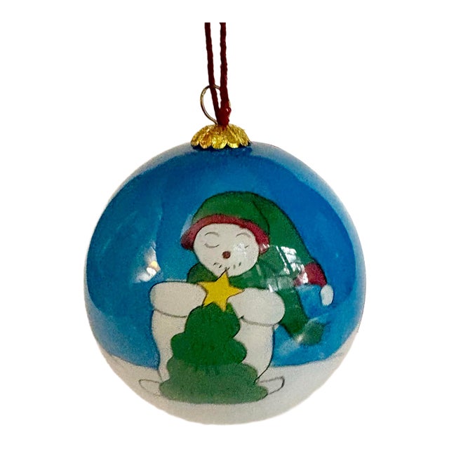Vintage Li Bien Style Hand-Painted Snowman Glass Christmas Ornament With Original Box For Sale