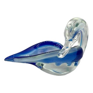 1970s Hand Blown Blue & Transparent Art Glass Swan Ring Tray For Sale