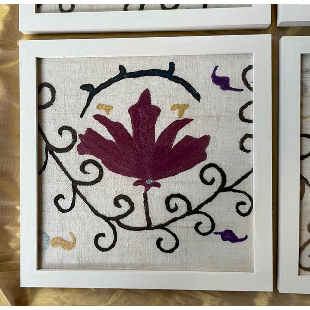 Set of 4 Antique Uzbek Suzani Textile Fragments - Framed Hand-Embroidery. For Sale - Image 9 of 10