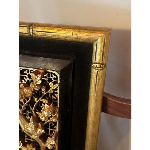 Vintage Chinese Giltwood Carved Relief Wall Hanging With Birds Flowers and Trees For Sale - Image 4 of 10