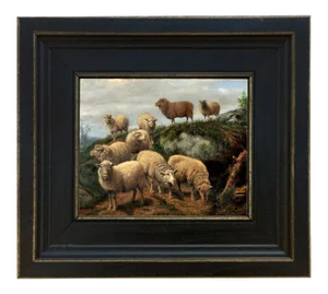 Flock of Sheep on Path Framed Oil Painting Reproduction Print on Canvas - 5" X 6"