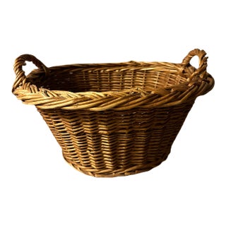 Rustic 1930’s Wicker Woven Basket With Handles For Sale