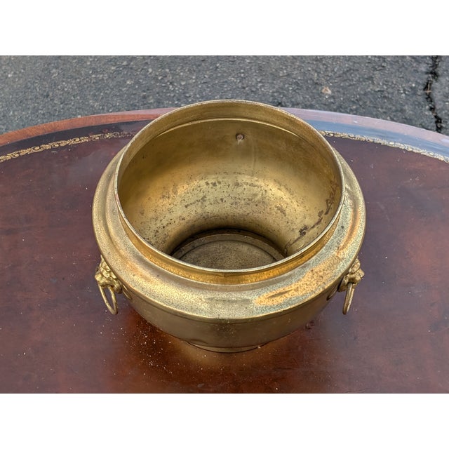 Mid 20th Century Vintage Heavy Solid Brass Small Round Pedestal Planter With Lion Heads For Sale - Image 5 of 9