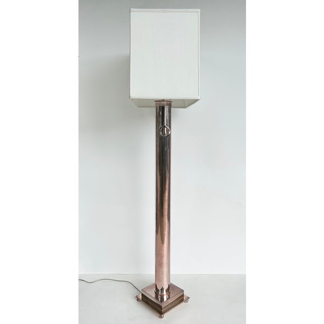 Copper and Brass Floor Lamp with Rings, Custom Shade Offered for sale is a copper-plated and brass-plated floor lamp with...