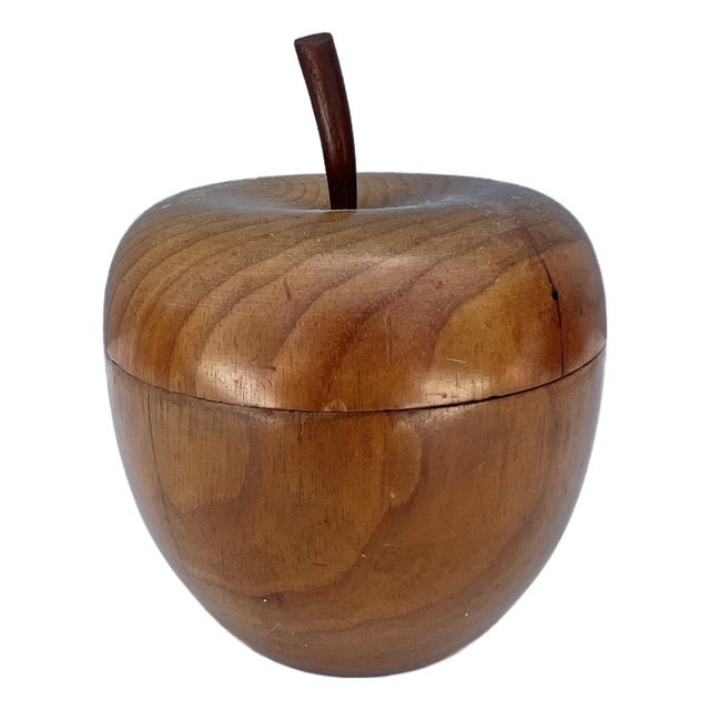 Mid 20th Century Carved Wood Apple Trinket Box Container For Sale