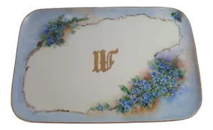 French Limoges Blue Floral Monogrammed Tray