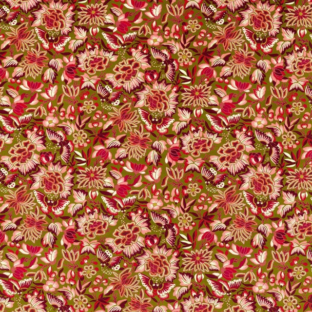 Sanderson Amara Butterfly Fabric in Olive /Lotus Pink - a Sample For Sale