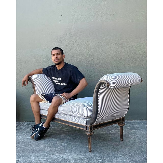 Nancy Corzine Vintage Nancy Corzine “Moliere” Ticking Stripe Scroll Bench For Sale - Image 4 of 12