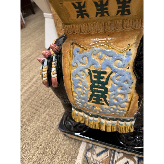 Vintage Colorful Black Porcelain Elephant Garden Stools, a Pair For Sale - Image 10 of 12