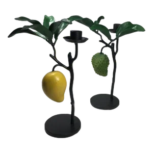 2000’s Petite Choses Mango & Cherimoya Fruit Metal Toleware Candle Sticks - a Pair