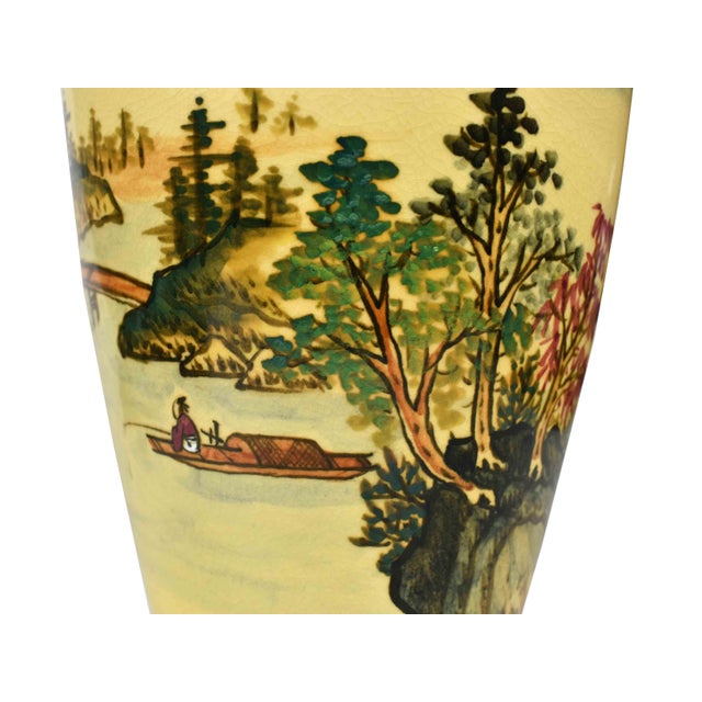 Mid 20th Century Tall Mustard Yellow Crackle Glazed Hand Painted Shan Shui Landscape With Calligraphy Poem Porcelain Vase For Sale - Image 10 of 11