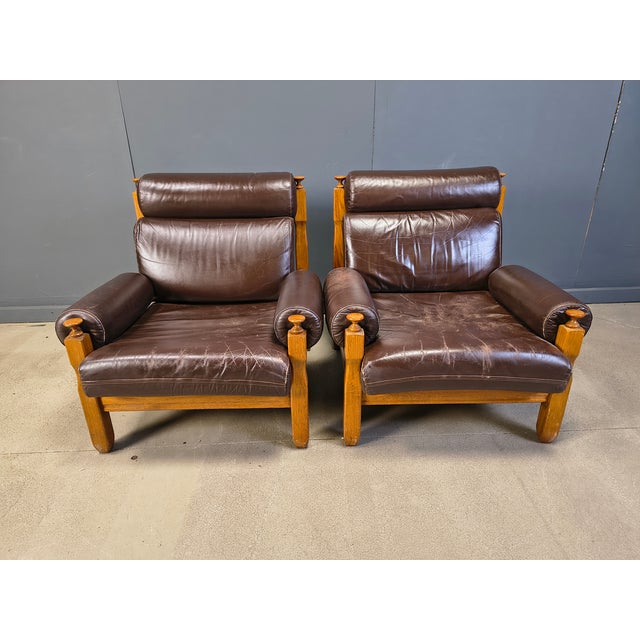 Vintage Rustic Brown Leather and Oak Lounge Chairs, 1960s, Set of 2 For Sale - Image 10 of 12