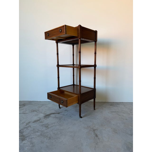 Beautiful 1970’s vintage three-tier etagere by Mount Airy Furniture Company, crafted in rich walnut with elegant faux...