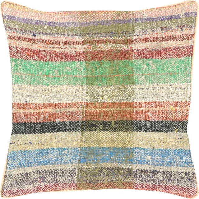 1960s Turkish Rag Pillow. Sewn with fragments of vintage handmade Anatolian Hemp and Cotton Kilims. Fiber fill. 522042