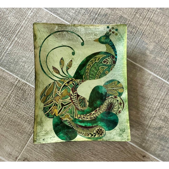 Whimsical Late 20th-Century Reverse Painted Glass Decorative Peacock Tray For Sale - Image 17 of 18