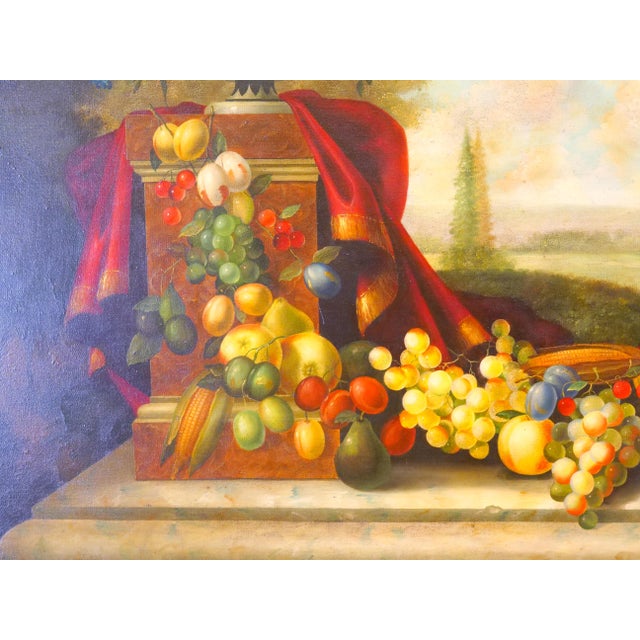 Extra Large Gilt Wood Frame Oil / Canvas Flowers / Fruits Still Life Painting For Sale - Image 10 of 12