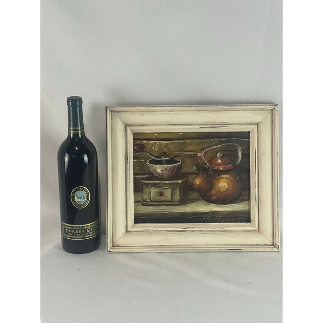 Rustic European Signed 1989 Oil Still Life of Coffee Grinder & Copper Kettle For Sale - Image 3 of 11