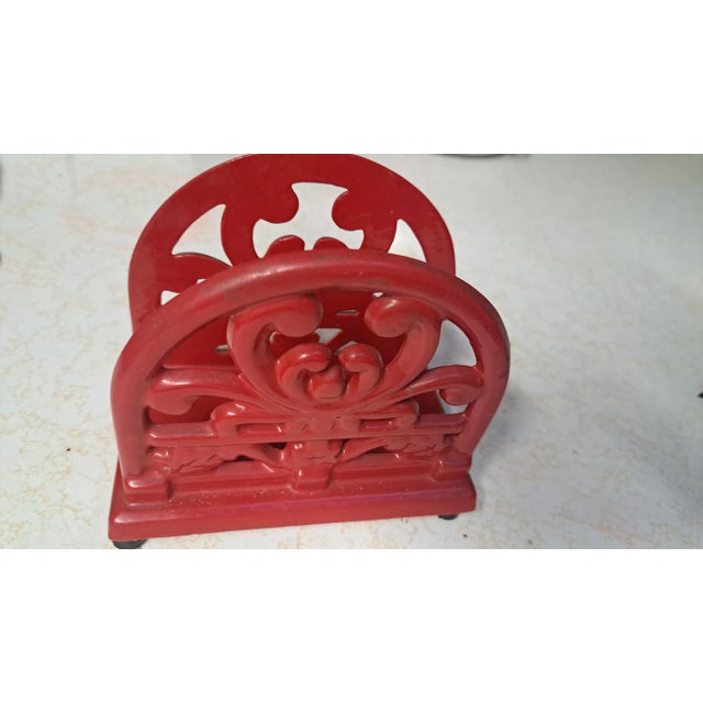 Metal modernVintage 1990s Red Enamel Cast Iron Napkin Holder For Sale - Image 7 of 11