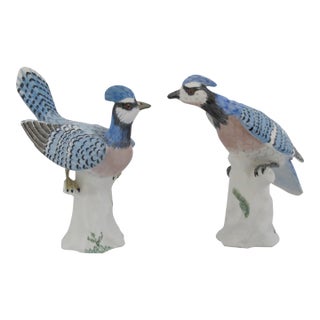 Staffordshire Hand Painted Porcelain Blue Jay Figurine Pair With Box For Sale
