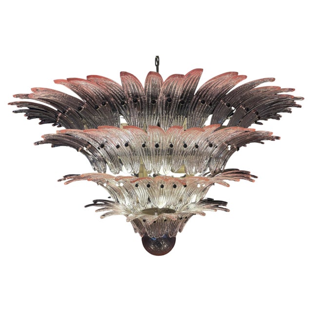 Palmette ceiling light made by 163 Murano pink glasses in a gold metal frame. Murano blown glass in a traditional way....