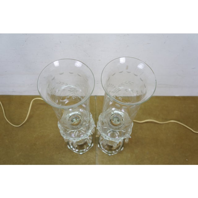 2 Mid Century Etched Glass Crystal Hurricane Candlestick Boudoir Lamps 20" For Sale - Image 6 of 18