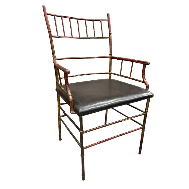 Vintage Chinese Chippendale Gilted Cast Iron Faux Bamboo Chair, Italian 1950s. With black leather seat, beautiful patina....