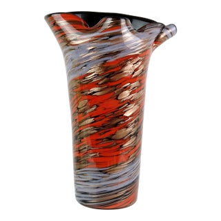 Vintage Fratelli Toso Murano Red Blue Copper Aventurine Swirl Italian Art Glass Scroll Rim Flower Vase For Sale