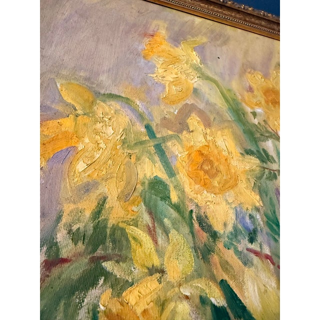 Vintage Daffodil Oil Painting on Grumbacher Ny Canvas, Original Mid Century Floral in Gold Frame, Impressionist Flower Art. Signed Mahaffey For Sale - Image 10 of 15