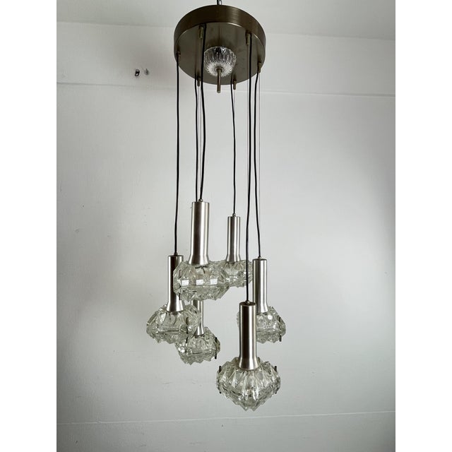 Italian 6-Light Cascade Steel and Crystal Chandelier, 1970s For Sale - Image 6 of 18