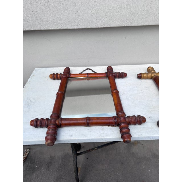 Small French faux bamboo wood mirror, circa 1900. Height 17 inches, W / 14.5 inches.