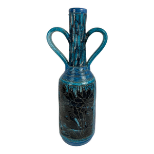 Accolay Style Ceramic Vase With Handles, Large Blue Vase Att. To Accolay Pottery