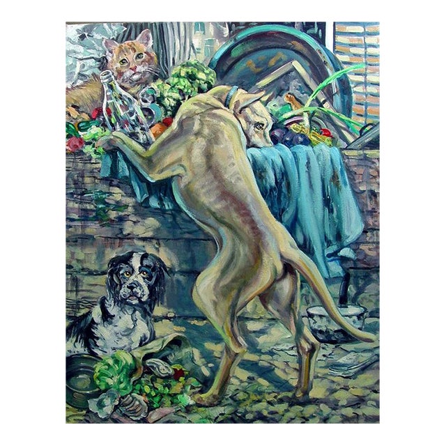 Late 20th Century Simon Michael Cityscape Dogs and Cat Painting For Sale