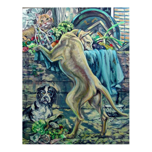 Late 20th Century Simon Michael Cityscape Dogs and Cat Painting