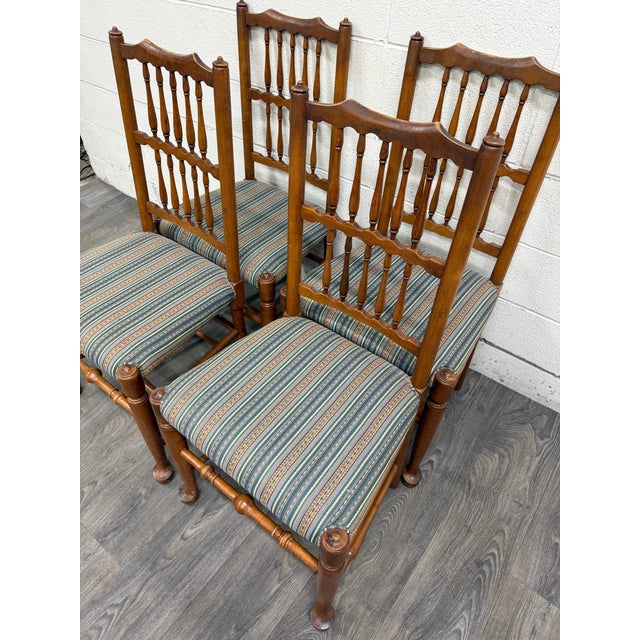 English Vintage Colonial Style Spindle Back Upholstered Dining Chairs - Set of 4 For Sale - Image 3 of 13