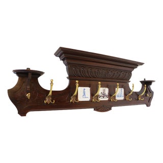 Antique Dutch Renaissance Revival Delft Blue Tiles Brass Coat Rack, 1890 For Sale