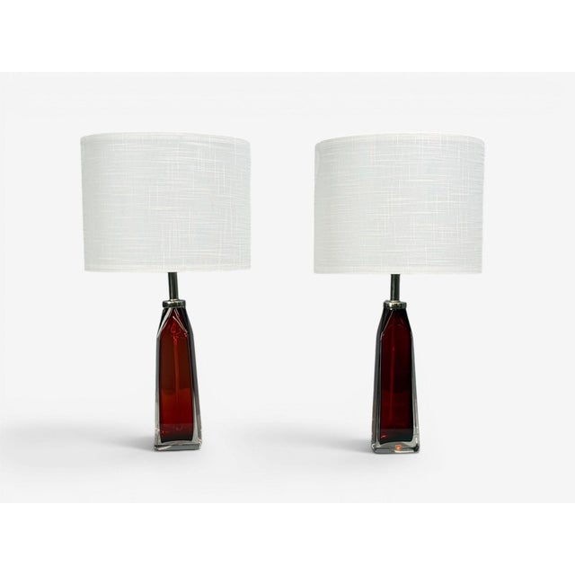 Carl Fagerlund, Swedish Mid-Century Modern, Table Lamps, Red Glass, Sweden, 1950s Pair of red translucent glass table...